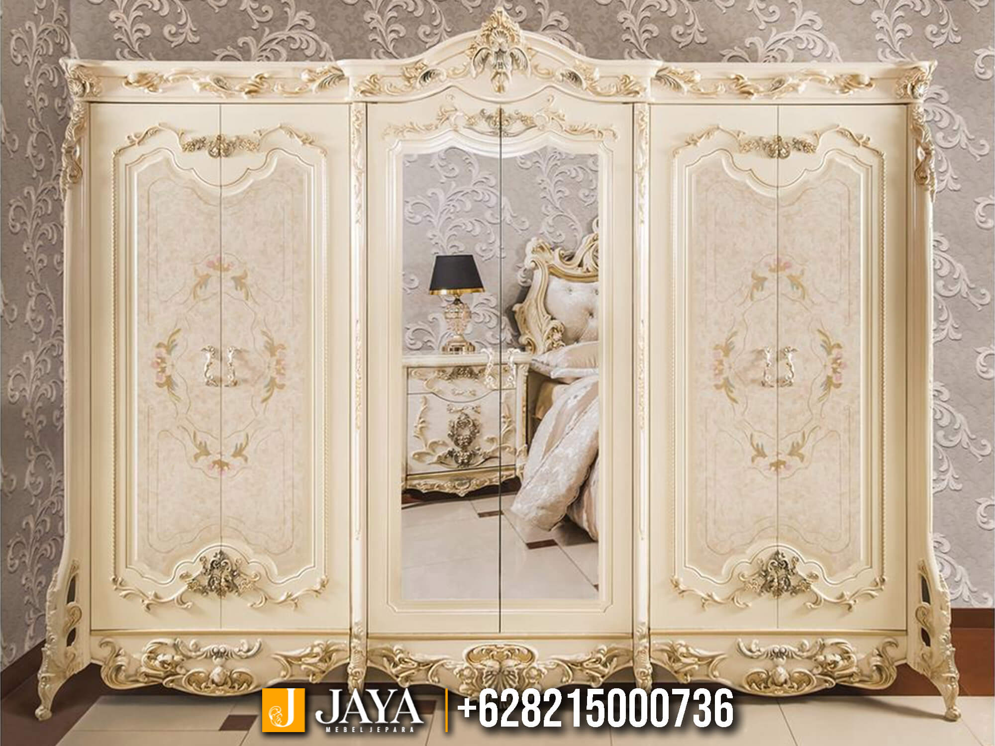 Almari Pakaian Ukir Mewah Warna Duco Cream Gold JM-107 Almari Pakaian Ukir Mewah Warna Duco Cream Gold JM-107