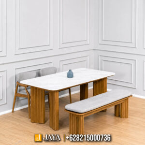 Set Meja Makan Minimalis Jati Jepara Fluted Top Table Marmer JM-32